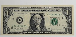 1995 United States $1 Federal Reserve Note Serial L31113113V