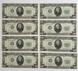 1950E United States $20 Notes Consecutive Serial Numbers (Lot of 8)