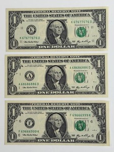 Series 2006 $1 Federal Reserve Notes With Patterned Serial Numbers (Lot of 3)