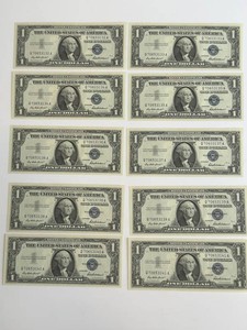 Vintage 1957 US $1 Silver Certificates Consecutive Serial Numbers (Lot of 10)