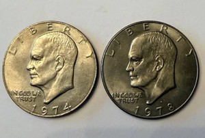 Two Eisenhower Dollar Coins (1974 & 1978) - One Dollar US Coins