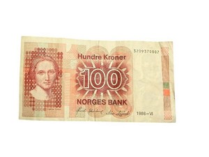 Norges Bank 100 Kroner Banknote 1986-V Serial 32093730807