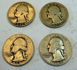 Washington Quarters - 1935, 1938, 1939 - 4 Coins