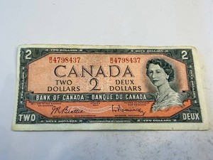 Bank of Canada Two Dollars Banknote - Queen Elizabeth II Era (1954 Vintage)