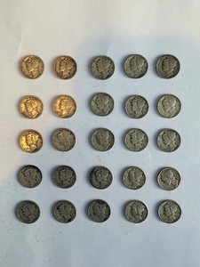 Mercury Dimes - 1940s US Silver 10-Cent Coins, 25 Coins Total