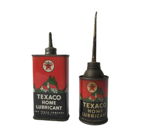 2 Old Vintage TEXACO Home Lubricant Oil Cans w Lead &amp Metal Spouts