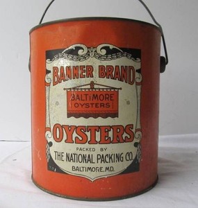 Orig Antique BANNER BRAND Baltimore Oysters Advertising CanTin with Lid & Handle
