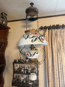 Lovely Antique Hanging Glass &amp Brass Parlor Lamp