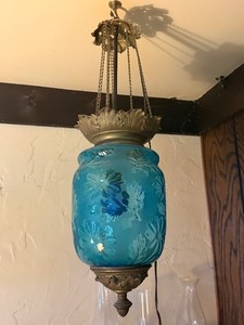 Beautiful Antique Victorian Hanging Blue Glass Hallway or Parlor Light
