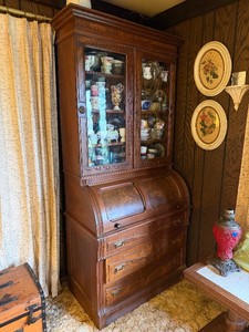Beautiful Antique Walnut &amp Burl Cylinder Secretary Desk