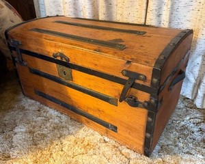 Excellent Antique Wood Trunk wIron Hardware &amp Good Leather