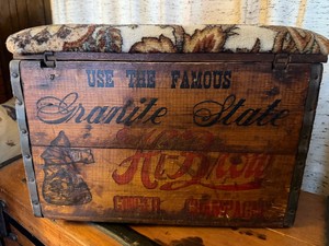 Antique Wood Advertising Crate  Padded Stool - Granite State Hi-Brow Ginger Champagne
