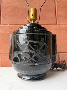 Vintage 1930s era Art Deco Black Glass Table Lamp