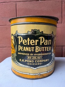 Large Antique PETER PAN Peanut Butter Tin Litho Advertising Can wLid - 25lbs