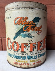 Large Antique 5lb Coffee Advertising Can - Blue Bird Coffee - Duluth, Minn