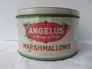 Original Old Vintage ANGELUS Marshmallows Advertising Tin wOrig Lid - 5 Pounds