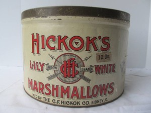 Original Old Vintage HICKOKS Lily White Marshmallows Advertising Tin wOrig Lid - 12 Pounds