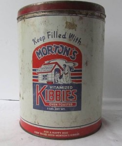 Large Vintage Mortons KIBBIES Dog Food  Treat Advertising Can wLid