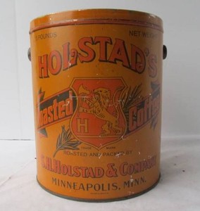 Great Looking Large Antique 5lb HOLSTADS Minneapolis Coffee Advertising Can&nbsp