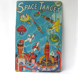 Vintage Tin Litho SPACE TARGET Dartboard Game wRocket Graphics