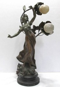 Wonderful Antique Figural Maiden Lamp wOriginal Floral Glass Bulbs
