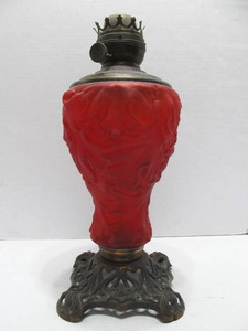 Beautiful antique Textured Red Glass Oil Lamp