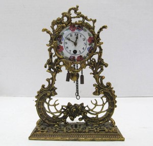 Small Ornate Antique German Gilt Metal Clock wPorcelain Face - 7 Tall