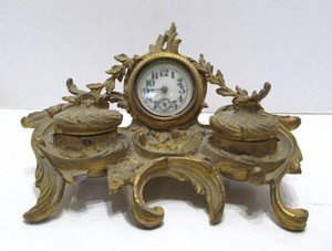 Antique Gilt Cast Metal Ornate Double Inkwell wClock