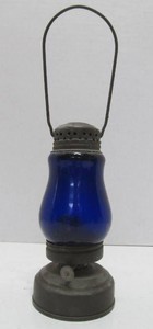 Antique Tin &amp Cobalt Blue Glass Skaters Lamp