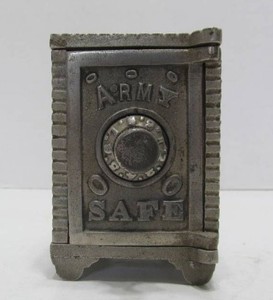 Orig Antique Cast Iron ARMY SAFE Coin Bank