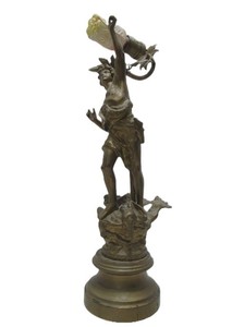 Lovely Antique Gilt Metal Figural Sculpture Lamp wOriginal Period Floral Bulb
