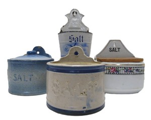 4 Antique Salt Containers - Stoneware, Porcelain &amp Enamelware