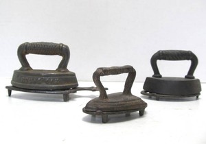 3 Smaller Antique Irons wTrivets
