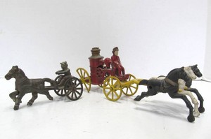 2 Original Antique Cast Iron Horse Drawn Toys - Including Fire Wagon