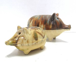 2 Antique Stoneware Pigs - One Bennington &amp One Piggy Bank
