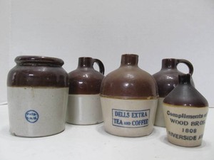 Great Lot of Antique Red Wing &amp other Stoneware Mini Jugs Including Advertising