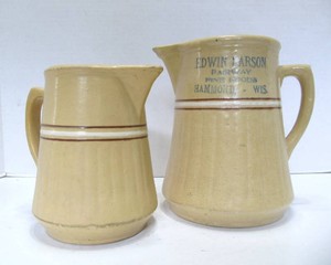 2 Antique Stoneware Pitchers - One w Advertising - Edwin Larson - Fairway Fine Foods in Hammond, WI