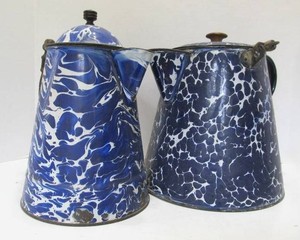 2 Large Antique Blue &amp White Enamelware Coffee Pots