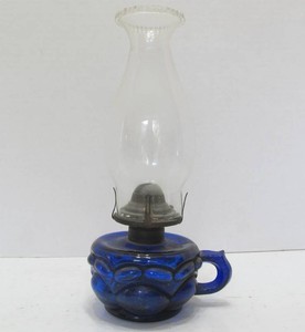 Small Antique Cobalt Blue Glass Handheld Oil Lamp