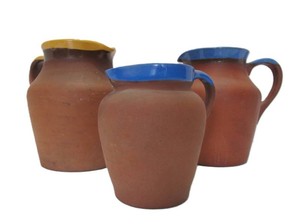 Nice Lot of 3 Antique Painted Terra Cotta Pitchers