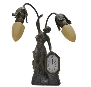 Lovely Antique Art Nouveau Figural Sculpture Desk Lamp wClock - Ingraham Clock Company