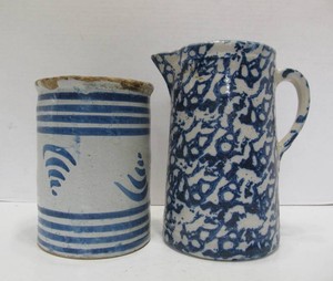 Antique Stoneware Spongeware Pitcher &amp Early American Stoneware Crock - Maine (AS IS)