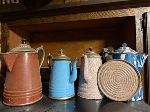 Lot of Old Vintage Enamelware Pitchers Coffee Pots etc #2