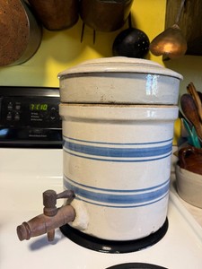 Antique Stoneware WaterDrink Cooler wInsert &amp Lid