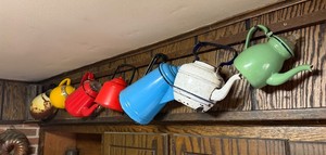 Lot of Old Vintage Enamelware Pitchers Coffee Pots etc #3