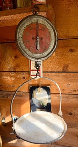 Very Cool 1930s era Grocery Store Hanging Scale wPorcelain Enamel Tray