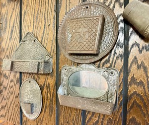 4 Primitive Antique Hammered Tin Wall Pockets