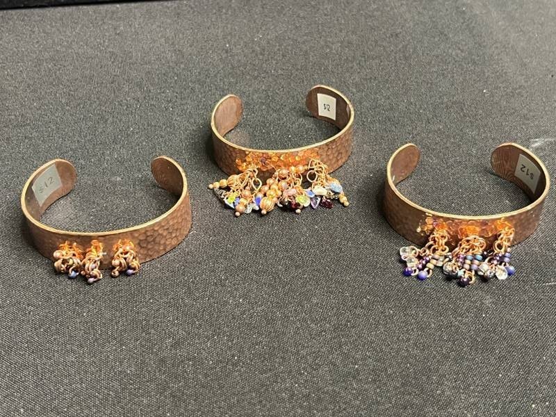 VTG Cuff Bracelets - Hammered Copper-Tone Beaded Charm Set (Lot of 3)