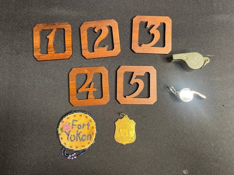 Collectible Memorabilia Mixed Lot - 1887 Republican Badge, Number Plaques & Whistles