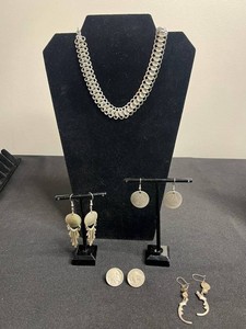 VTG Costume Jewelry - Coin Necklace & 3 Pairs Earrings (Lot of 4)